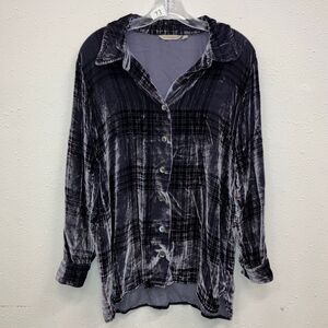 Soft surrounding silk blend purple plaid velour collared button down long sleeve
